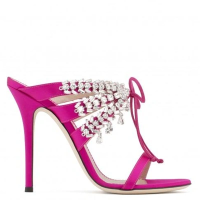 Shop Giuseppe Zanotti - Satin Mule With Crystals Madelyn In Fuxia