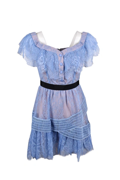 Shop Self-portrait Off Shoulder Fine Lace Mini Dress In Baby Blue