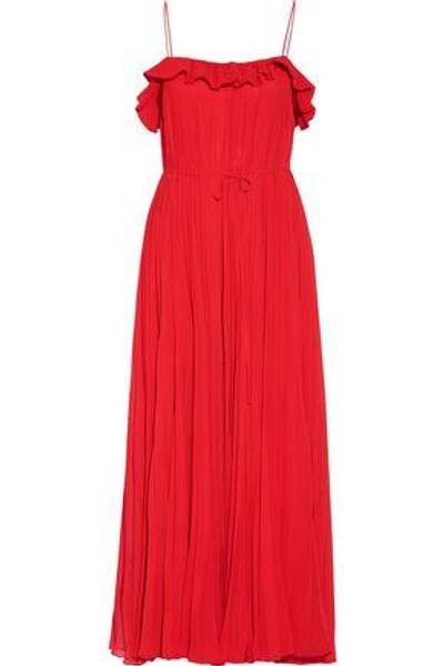 Shop Adam Lippes Woman Ruffle-trimmed Pleated Chiffon Maxi Dress Red