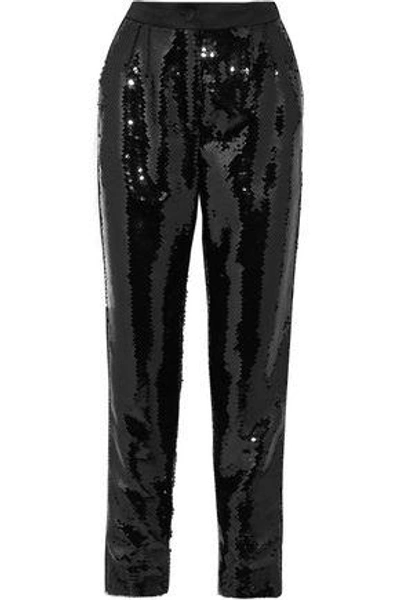 Shop Dolce & Gabbana Woman Sequined Satin Tapered Pants Black
