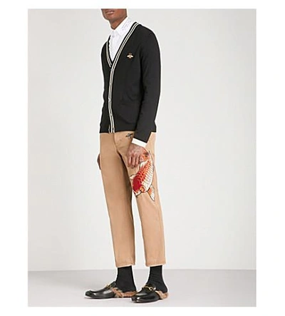 Shop Gucci Fish-embroidered Straight Cropped Cotton Trousers In Beige