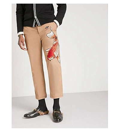 Shop Gucci Fish-embroidered Straight Cropped Cotton Trousers In Beige