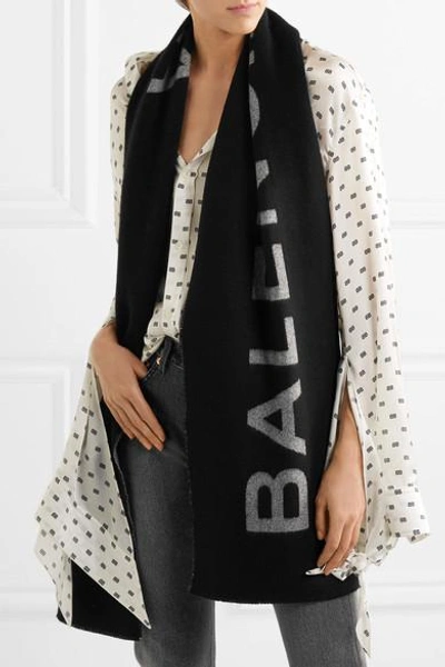 Shop Balenciaga Intarsia Cashmere And Wool-blend Scarf In Black