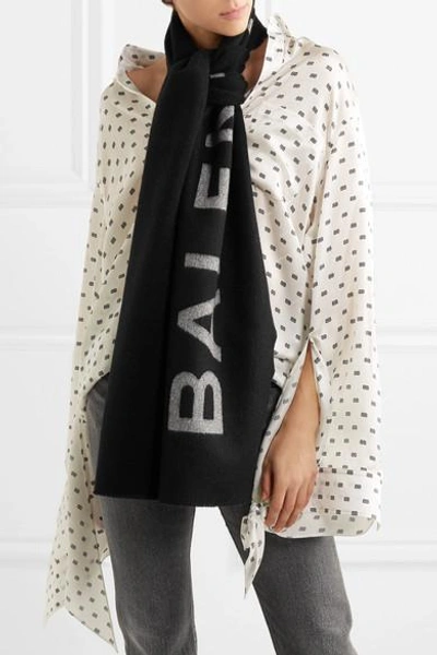 Shop Balenciaga Intarsia Cashmere And Wool-blend Scarf In Black