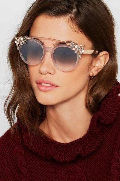 Shop Jimmy Choo Vivy Embellished Round-frame Acetate And Rose Gold-tone Sunglasses In Blush