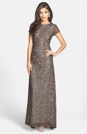 adrianna papell short sleeve sequin mesh gown