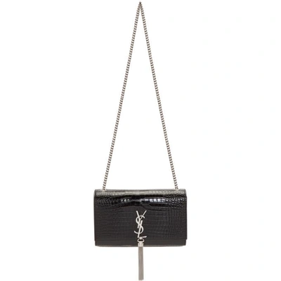 Shop Saint Laurent Black Croc Medium Kate Tassel Chain Bag