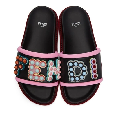 Shop Fendi Black Embossed Logo Slides In F0bhu Black