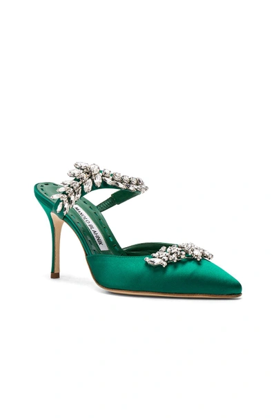 Manolo Blahnik Lurum 90 Satin Crystal-embellished Mules In Green