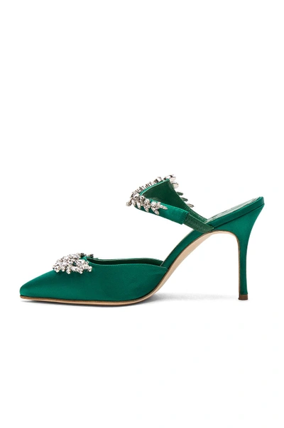 Manolo Blahnik Lurum 90 Satin Crystal-embellished Mules In Green