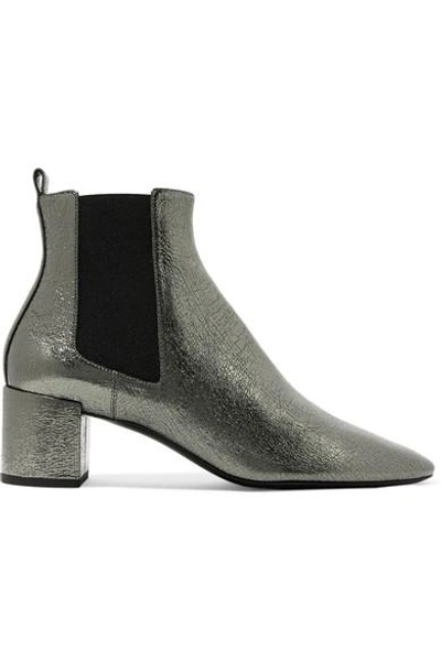 Shop Saint Laurent Lou Metallic Cracked-leather Ankle Boots In Silver