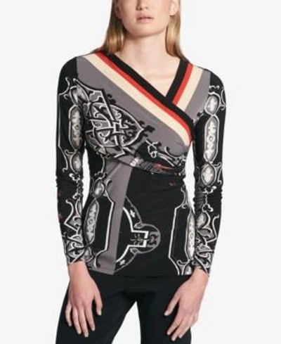 Shop Dkny Printed Faux-wrap Top In City Heritage Scarf Black/red