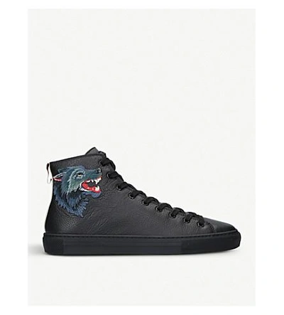 Shop Gucci Major Wolf-embroidered Leather High-top Trainers In Black