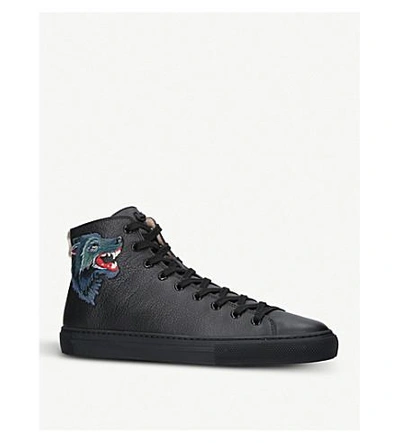 Shop Gucci Major Wolf-embroidered Leather High-top Trainers In Black