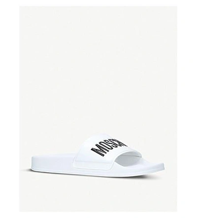 Shop Moschino Logo Rubber Pool Sliders In White/blk