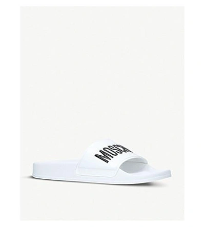 Moschino Embossed Logo Pool Slides In White/blk