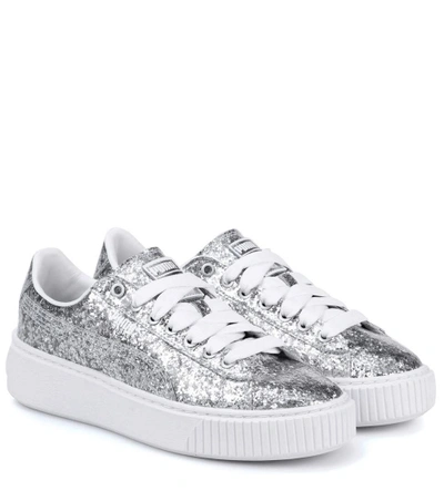 Shop Puma Basket Platform Glitter Sneakers In Silver