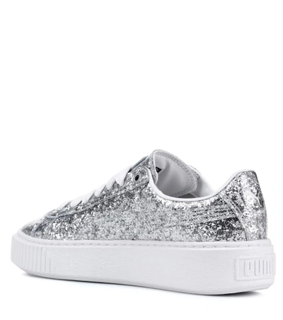 Shop Puma Basket Platform Glitter Sneakers In Silver