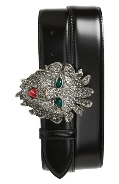 Shop Gucci Large Lion Head Leather Belt In Black