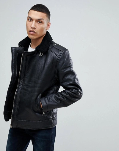 Bellfield Leather Aviator Jacket With Fleece Lining - Black | ModeSens