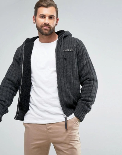 Shop Schott Full Zip Knit Hoodie Fleece Lined Slim Fit In Dark Gray/black - Gray