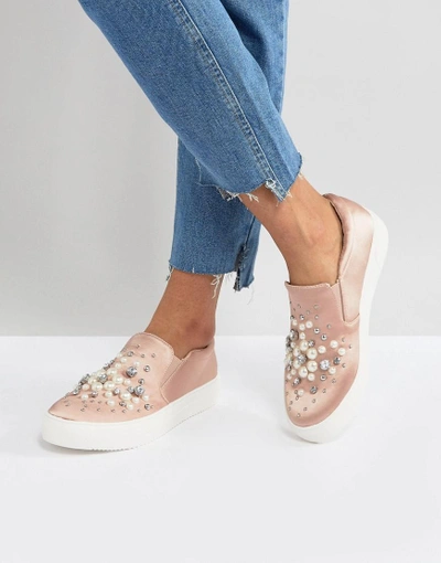 Shop New Look Slip On Pearl Detail Satin Sneaker - Pink