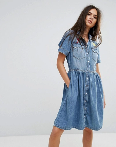 Shop Diesel Denim Dress With Flare Skirt And Embroidery - Blue