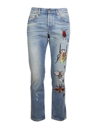Shop Gucci Tapered Jeans With Insects Embroidery In Blu