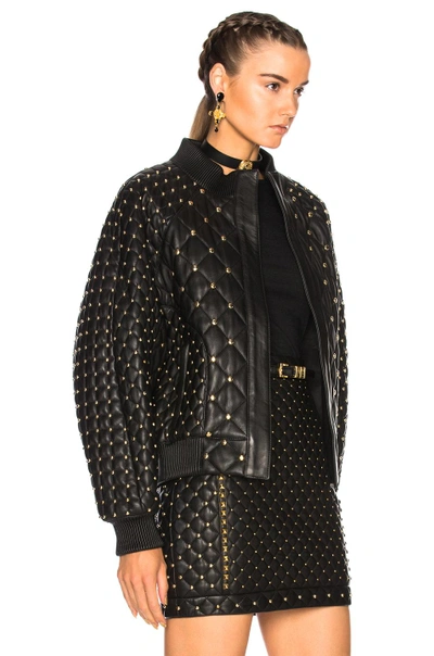 Shop Balmain Studded Leather Bomber Jacket In Black