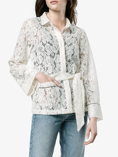 Shop Ganni Lace Belted Shirt In White