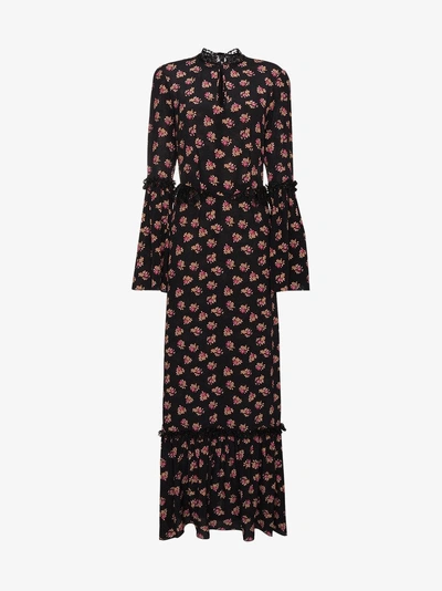 Shop De La Vali Silk Maxi Floral Dress With Bell Sleeves In Black