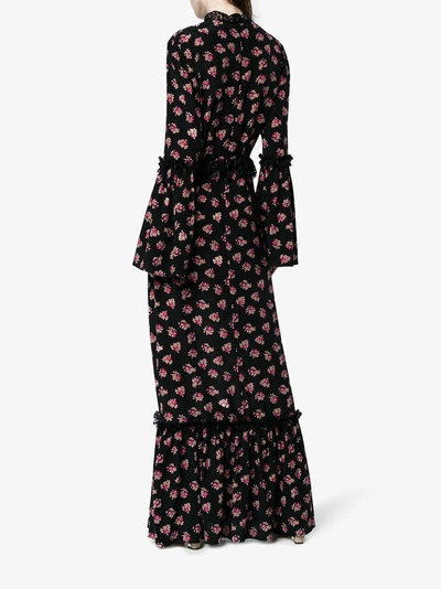 Shop De La Vali Silk Maxi Floral Dress With Bell Sleeves In Black