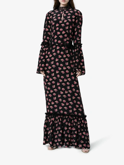 Shop De La Vali Silk Maxi Floral Dress With Bell Sleeves In Black