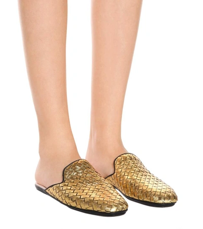Shop Bottega Veneta Intrecciato Leather Slippers In Gold
