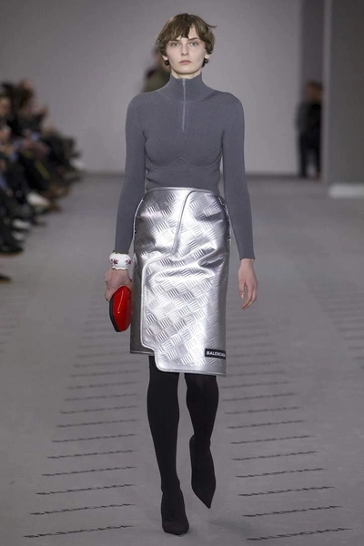 Shop Balenciaga Embossed Metallic Leather Skirt