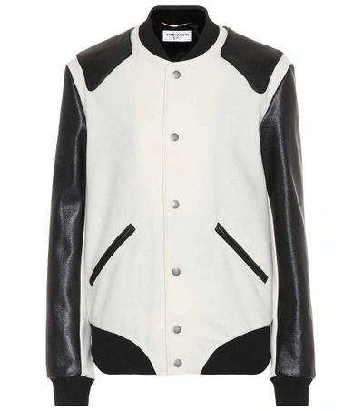 Shop Saint Laurent Leather-trimmed Wool Jacket In White