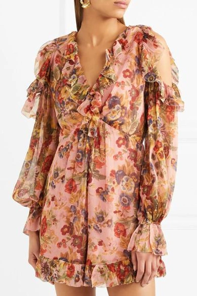 Shop Zimmermann Lovelorn Cold-shoulder Ruffled Floral-print Silk-georgette Playsuit In Antique Rose