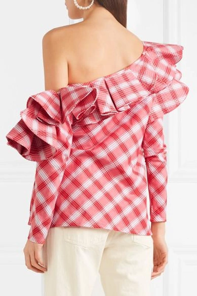 Shop Johanna Ortiz Mangas Coloradas One-shoulder Ruffled Checked Cotton Top In Red