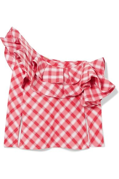 Shop Johanna Ortiz Mangas Coloradas One-shoulder Ruffled Checked Cotton Top In Red