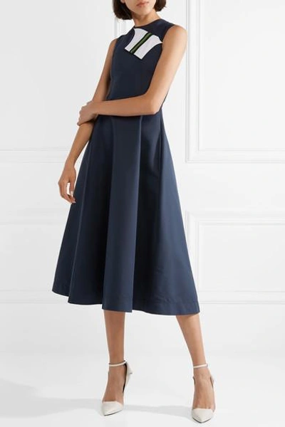 Shop Calvin Klein 205w39nyc Grosgrain-trimmed Cotton And Silk-blend Twill Midi Dress In Midnight Blue