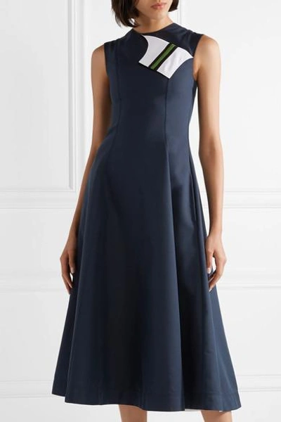 Shop Calvin Klein 205w39nyc Grosgrain-trimmed Cotton And Silk-blend Twill Midi Dress In Midnight Blue