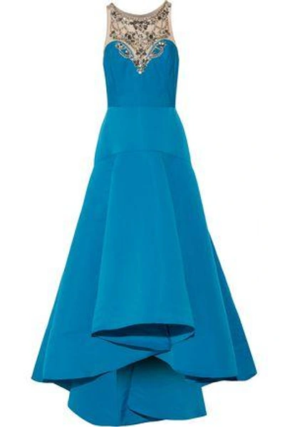 Shop Marchesa Notte Woman Embellished Tulle And Cady Flared Gown Teal