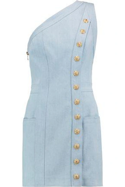 Shop Balmain Woman One-shoulder Button-detailed Denim Mini Dress Sky Blue