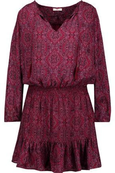 Shop Joie Woman Kleeia Tasseled Printed Washed-silk Mini Dress Burgundy