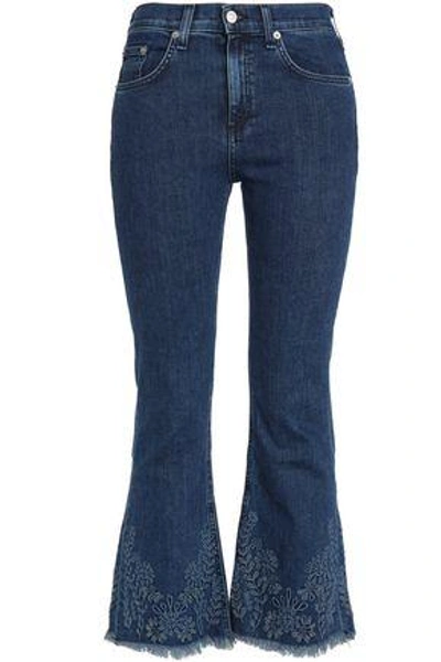 Shop Rag & Bone Woman Frayed Embroidered High-rise Flared Jeans Dark Denim