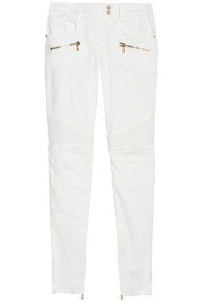 Shop Balmain Woman Moto-style Cotton-blend Skinny Pants White