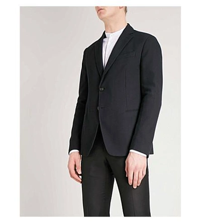 Shop Armani Collezioni Tailored-fit Herringbone Cotton-blend Jacket In Black