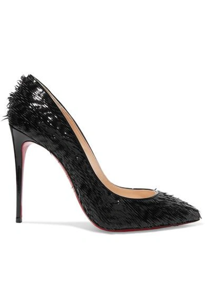 Shop Christian Louboutin Pigalle Follies 100 Fringed Patent-leather Pumps In Black