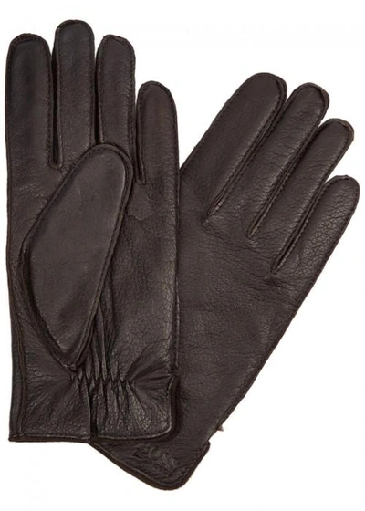 Shop Hugo Boss Dark Brown Grained Leather Gloves