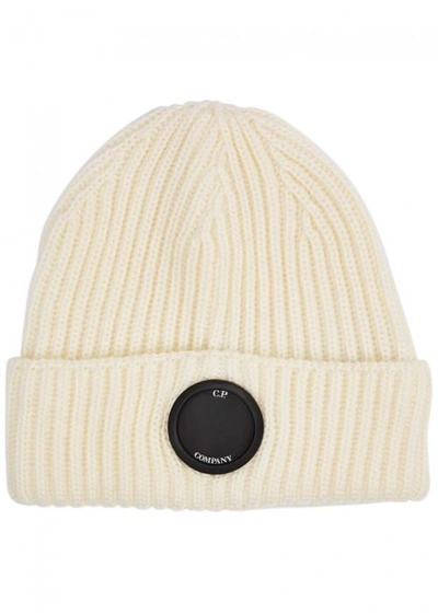 Shop C.p. Company Cream Wool Beanie In White